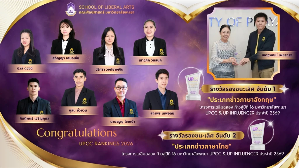 คณะศิลปศาสตร์คว้าสองรางวัลภายใต้โครงการเฉลิมฉลองก้าวสู่ปีที่ 16 “มหาวิทยาลัยพะเยา UPCC & UP Influencer ประจำปี 2569”
