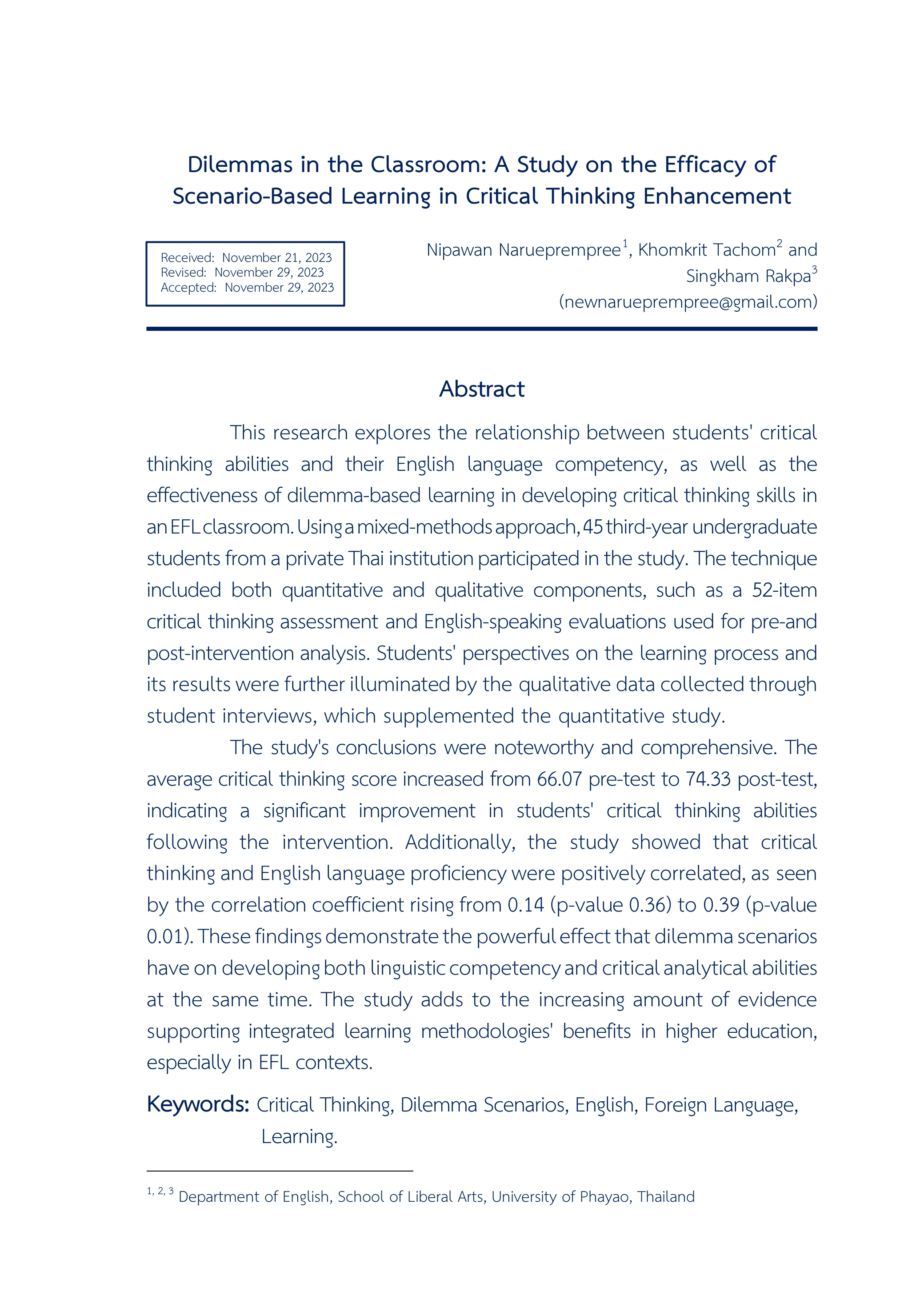 Dilemmas in the Classroom: A Study on the Efficacy of Scenario-Based Learning in Critical Thinking Enhancement
