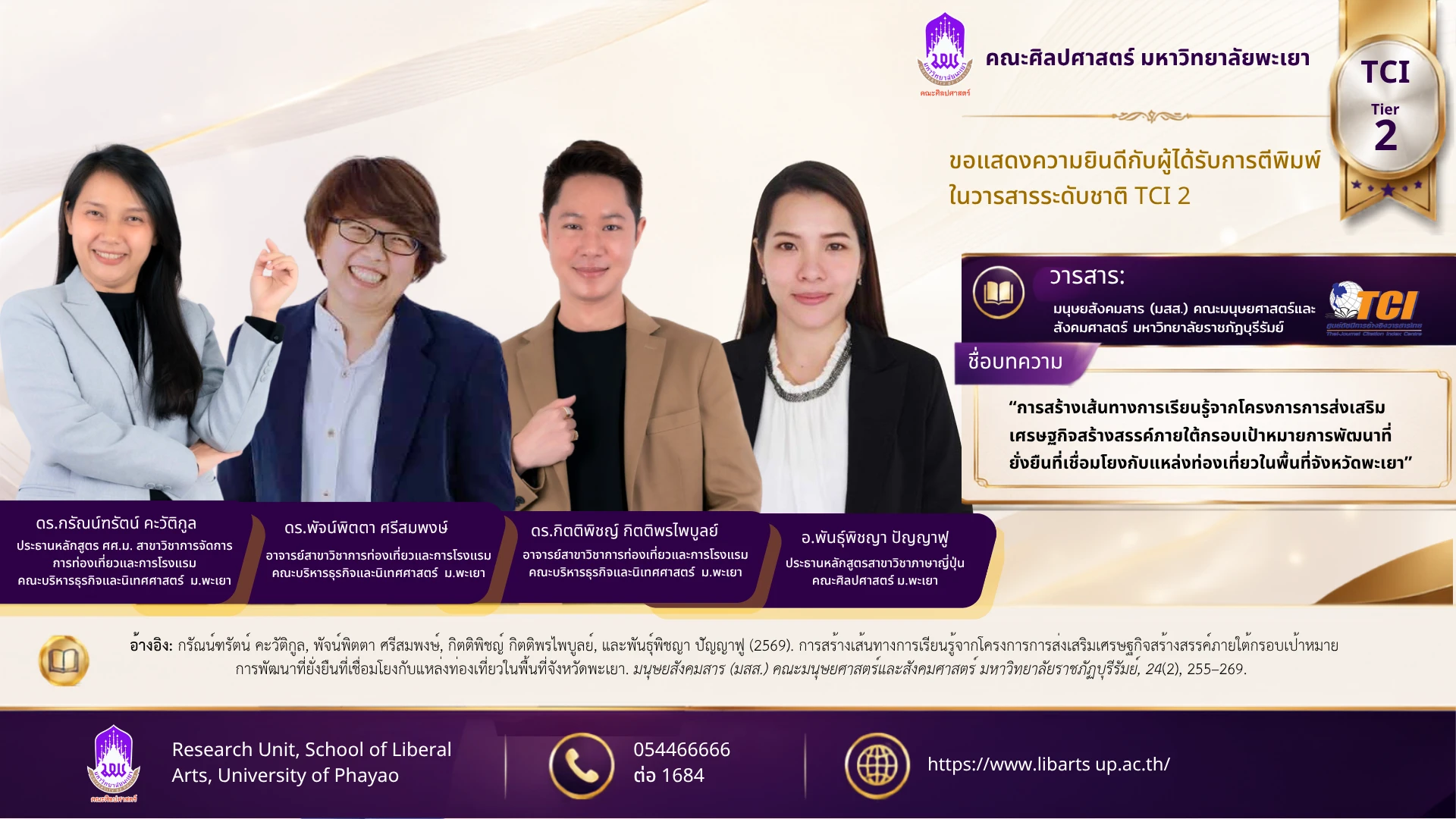 การสร้างเส้นทางการเรียนรู้จากโครงการการส่งเสริมเศรษฐกิจสร้างสรรค์ภายใต้กรอบเป้าหมายการพัฒนาที่ยั่งยืนที่เชื่อมโยงกับแหล่งท่องเที่ยวในพื้นที่จังหวัดพะเยา
