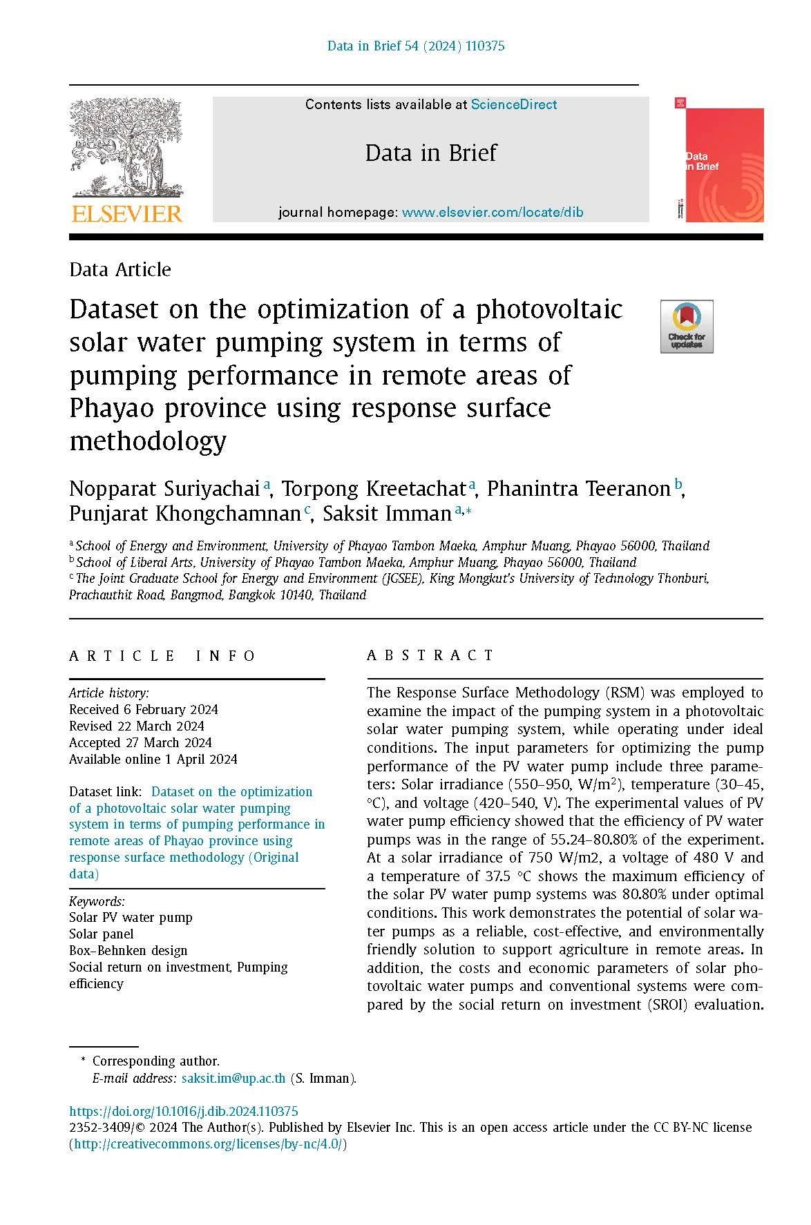 Dataset on the optimization of a photovoltaic solar water pumping system in terms of pumping performance in remote areas of Phayao province using response surface methodology