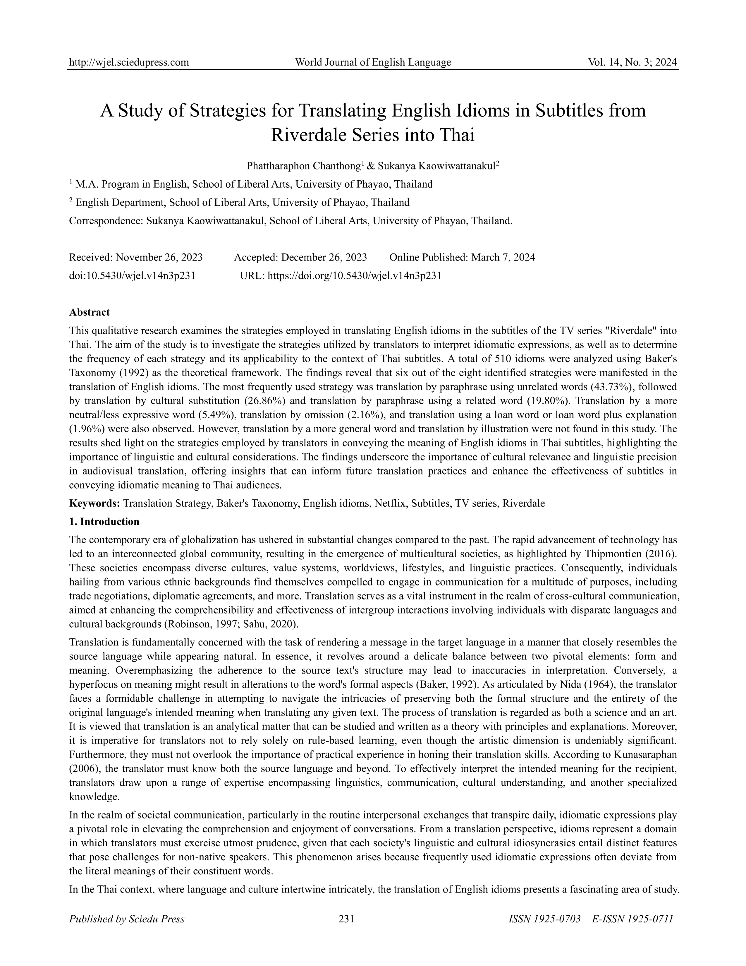 A Study of Strategies for Translating English Idioms in Subtitles from Riverdale Series into Thai