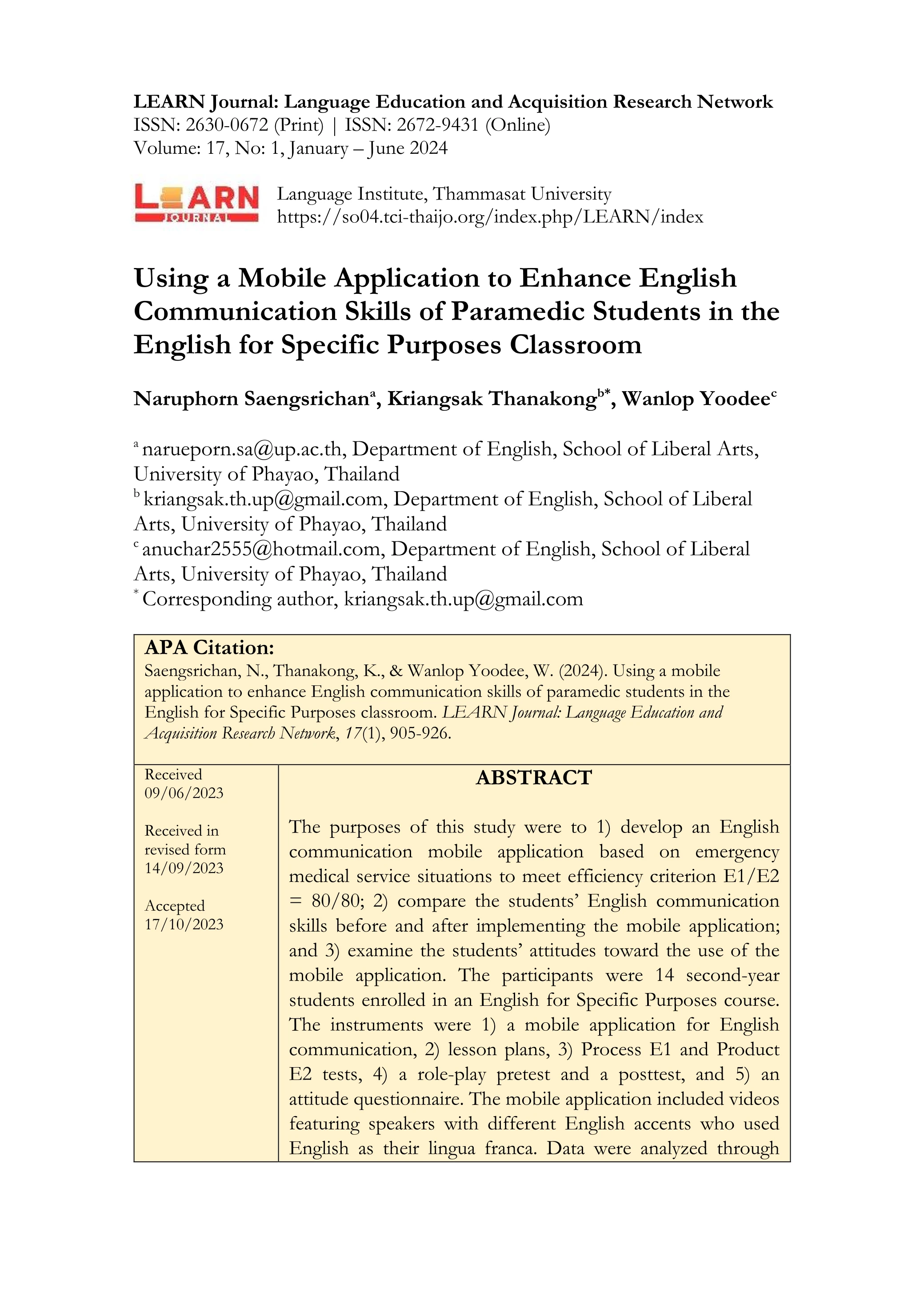 Using a Mobile Application to Enhance English Communication Skills of Paramedic Students in the English for Specific Purposes Classroom