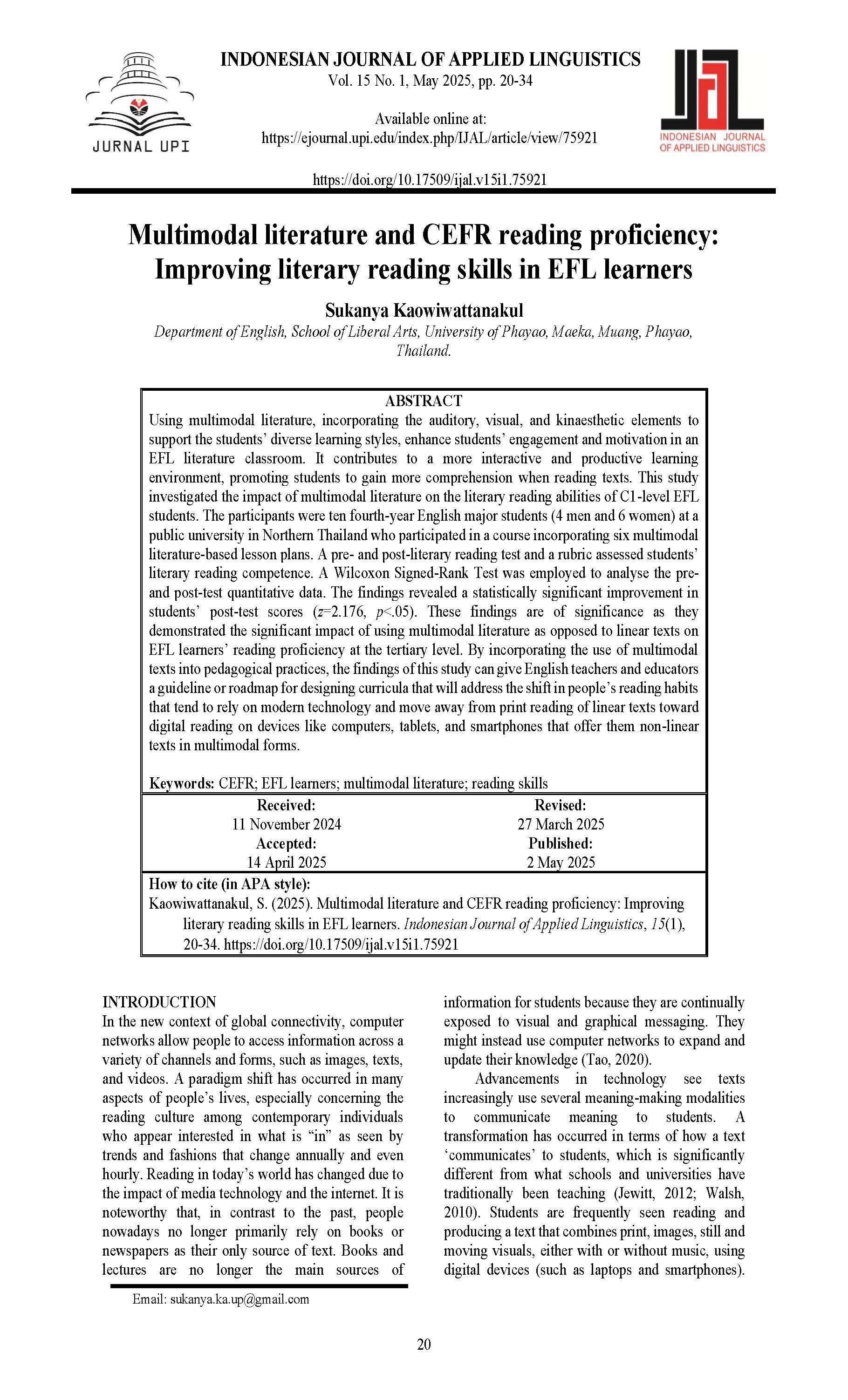 Multimodal literature and CEFR reading proficiency: Improving literary reading skills in EFL learners