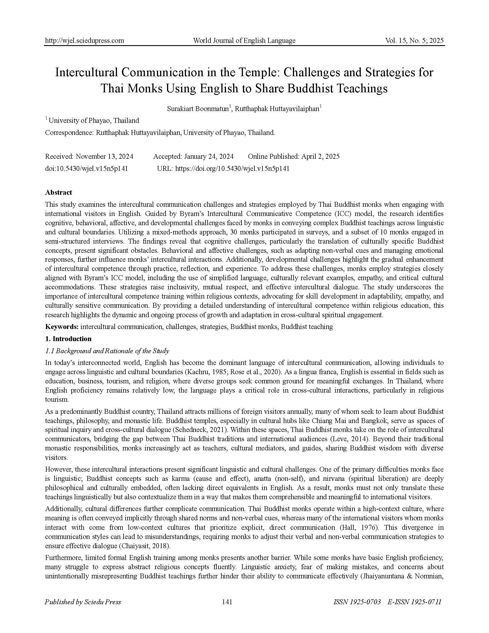Intercultural Communication in the Temple: Challenges and Strategies for Thai Monks Using English to Share Buddhist Teachings