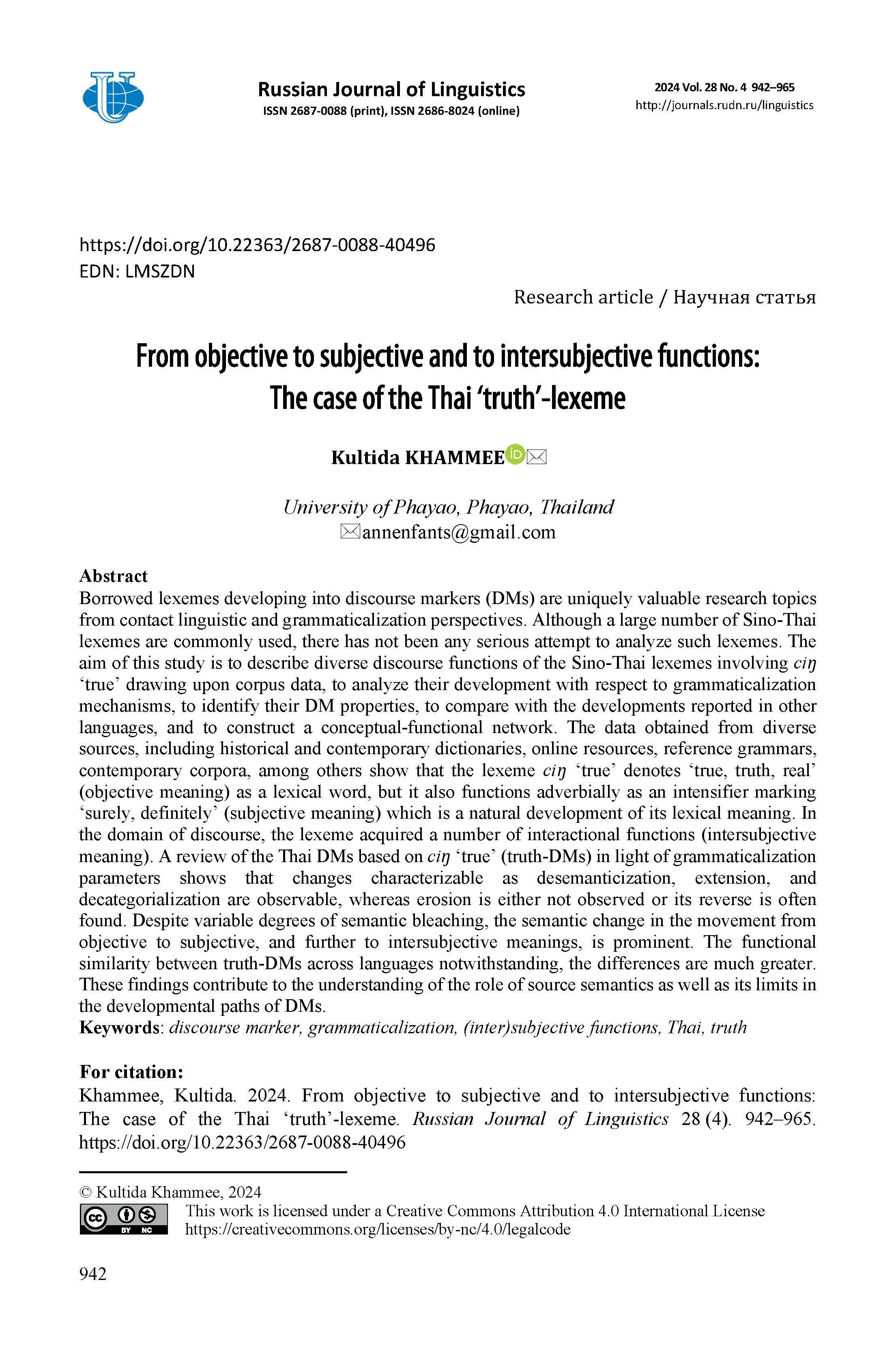 From objective to subjective and to intersubjective functions: The case of the Thai ‘truth’-lexeme
